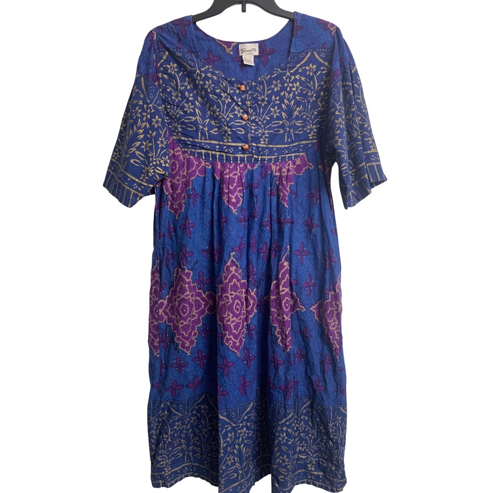Sante Classics Blue Purple Cotton Artsy Midi Dress  L  Boho Coastal